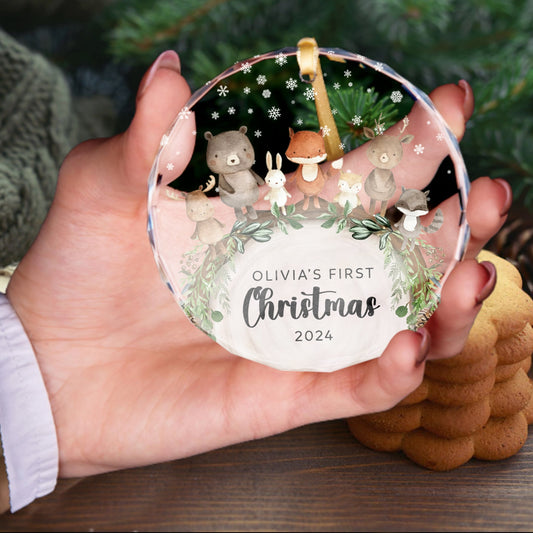 Baby's 1st Christmas Glass Ornament, Personalized Woodland Creatures, Baby Deer Ornament, Holiday Keepsake Ornament, New Baby Gift, 2024 Custom Baby Ornament GX06-12