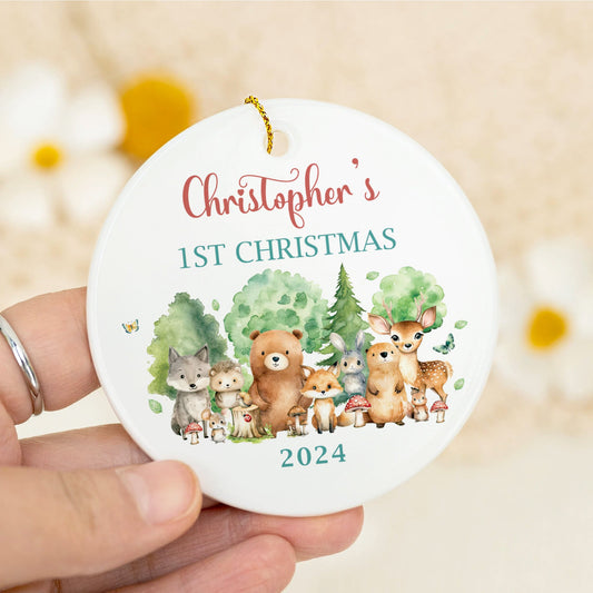 Customized First Christmas Baby Cute Animals Ornament, Personalized Woodland Creatures 3 Inch Ceramic Christmas Ornament, Holiday Keepsake Ornament, Gift For Baby CX02-59