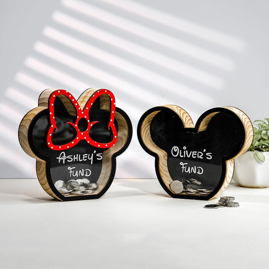 Personalized Mickey And Minnie Piggy Bank, See-Through Design, My First Piggy Bank For Boys & Girls - LoveryToys